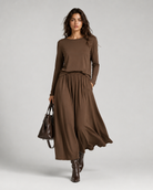 Women > Sweaters : Women's Two-Piece Long Sleeve Top and Maxi Skirt Set in Brown van DUUWE