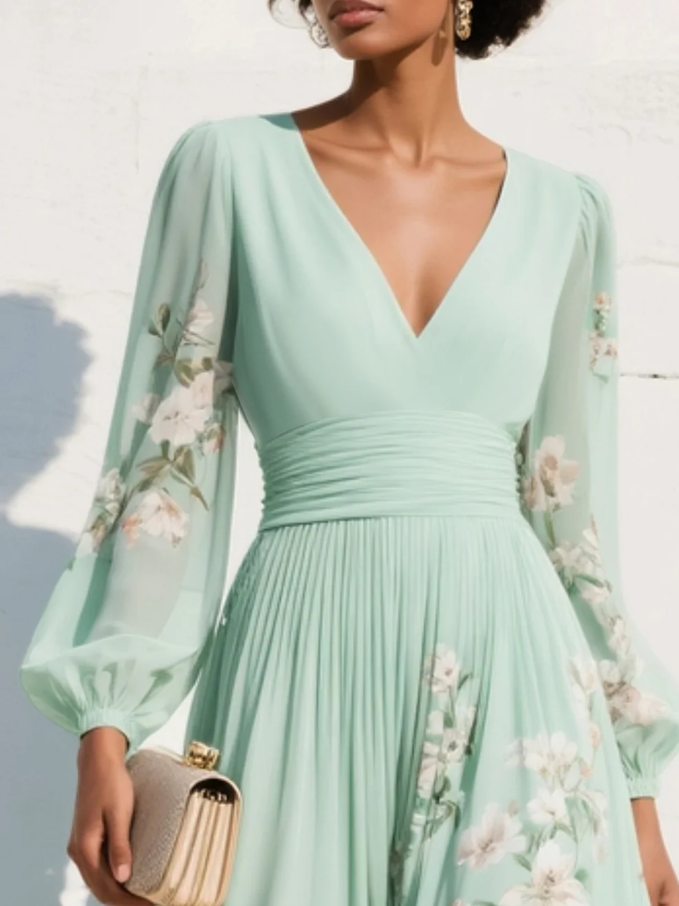 Floral Dresses : Mathilda - Light Green V-Neck Chiffon Pleated Floral Midi Dress in van Cow Clothing