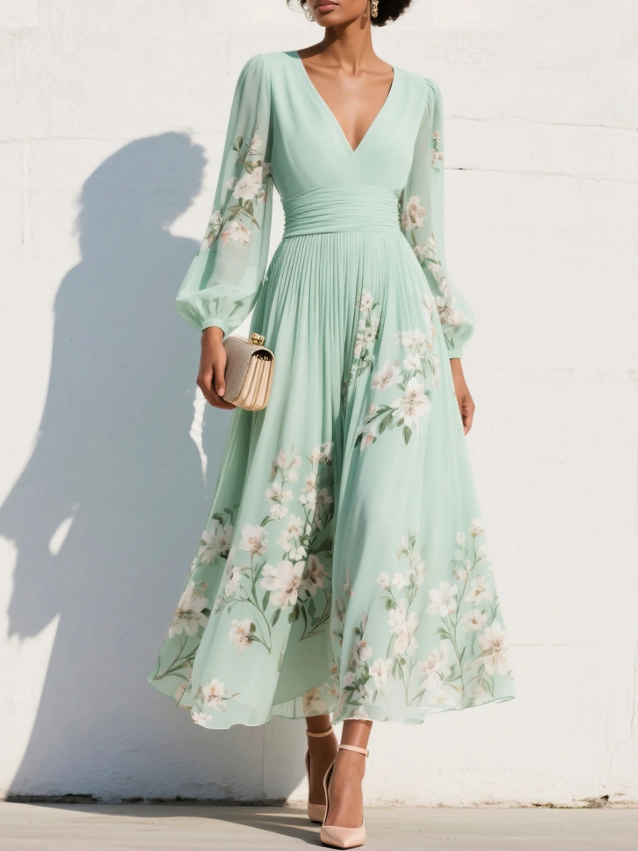 Floral Dresses : Mathilda - Light Green V-Neck Chiffon Pleated Floral Midi Dress in Light Green van Cow Clothing