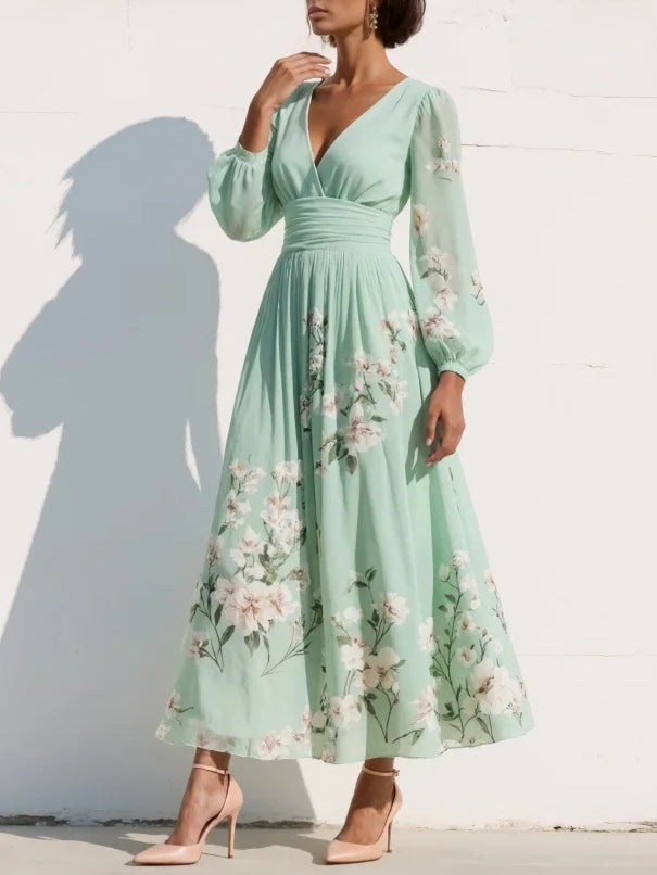 Floral Dresses : Mathilda - Light Green V-Neck Chiffon Pleated Floral Midi Dress in van Cow Clothing