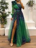 Women's Elegant One-Shoulder Maxi Mesh Dress with Gradient
