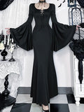Women's Gothic Lace-up Mermaid Long Dress with Bell Sleeves