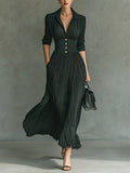 Womens Dark Green Pleated Maxi Dress - V-Neck Long Sleeve Elegant Evening