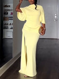 Women's Elegant Yellow Maxi Dress with Cape and Backless Design