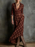 Women's Elegant Green Plaid Lapel Single-Breasted Shirt Dress for