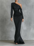 Women's Elegant Long Mermaid Evening Gown in Black Satin with