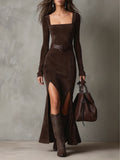Women's Chic Suede-Neck Maxi Dress