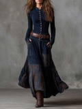 Women's Vintage Maxi Suede Dress with Plaid Navy Pattern and Belt