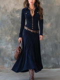 Women's Elegant vintage flap pocket polyester suede maxi dress