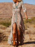 Women's Bohemian Long Maxi Dress with Western Style Print and Slit