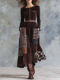 Women's Vintage Maxi Suede Dress with Brown Plaid Faux and