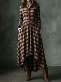 Women's Maxi dress with brown checkered pattern, retro pockets