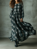 Women's Vintage Maxi Dress in Dark Green Plaid Cotton Blend