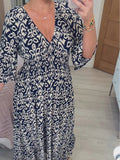 Women's Casual Bohemian Long Dress with Print, V-Neckline, and