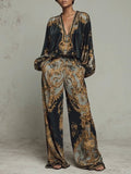 Timeless Baroque-Style Ornate Floral Print Top with Wide-Leg Trousers – Casual Suit Set