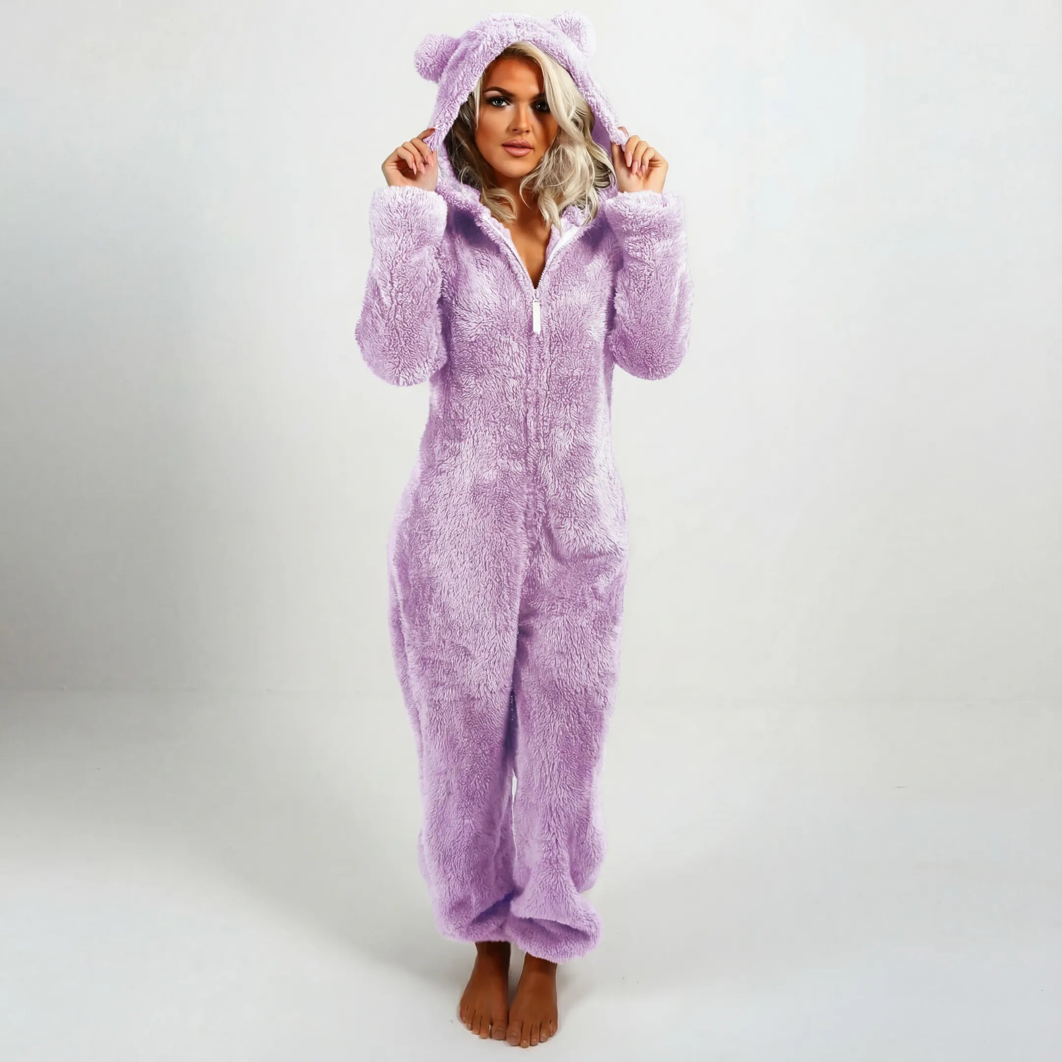 Plush Teddy Hoodie Jumpsuit - Ultra-Soft Cozy Loungewear