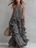 Women's Elegant Grey Romantic Layered Ruffle Maxi Dress