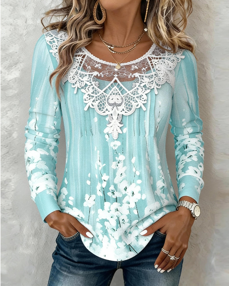Floral Long-Sleeve Top with Round Neck and Delicate Lace Trim