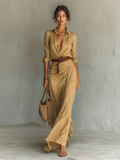 Women's Elegant Long Maxi Dress with Notched Collar and Belt Included