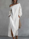 Women's Flowy One-Shoulder Midi Dress with a Split Hem