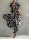 Women's Maxi Dress with Striped Print, Collar, Short Sleeves