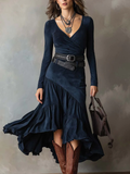 Women's Navy Blue Asymmetric Maxi Dress in Faux Suede with Belt