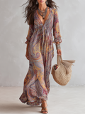 Women's Chic Vintage Paisley Print V-Neck Dress with Tie-Waist