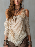 Women's Bohemian Draped Off-Shoulder Floral Chiffon Blouse with a