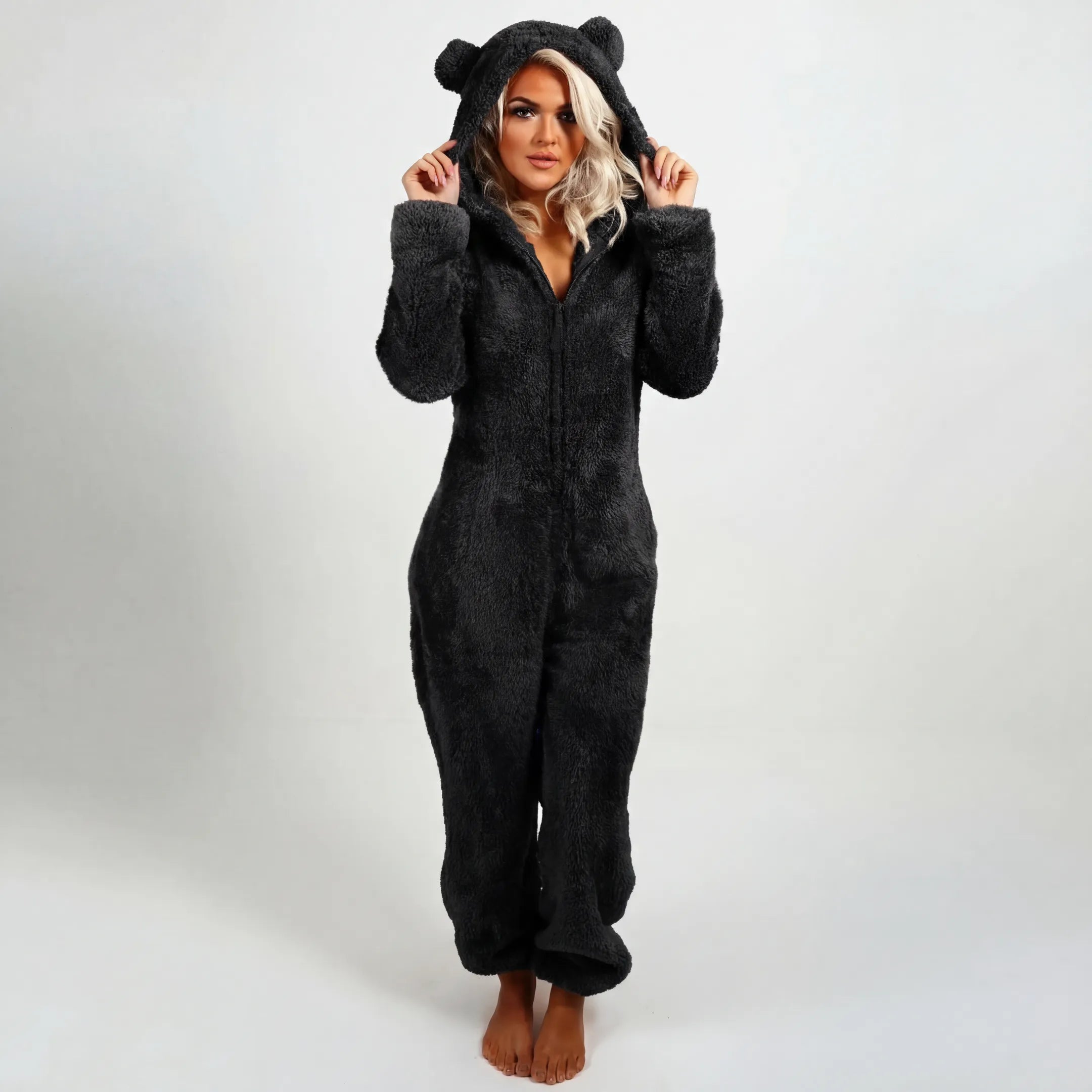 Plush Teddy Hoodie Jumpsuit - Ultra-Soft Cozy Loungewear