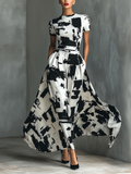 Women's Elegant Maxi Dress with Short Sleeves and Abstract Print