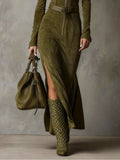 Green Vintage Maxi Dress with Zipper Closure Belt (Belt Included)
