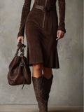 Women's Vintage brown midi dress with zipper and elegant belt