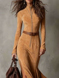 Women's Elegant Vintage Camel Zipper Maxi Dress with Belt for a