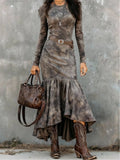 Women's Vintage Long Polyester Dress with Flared Hem and Belt for