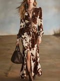 Women's Elegant Brown Cow Print V-Neck Maxi Dress with Side Slit