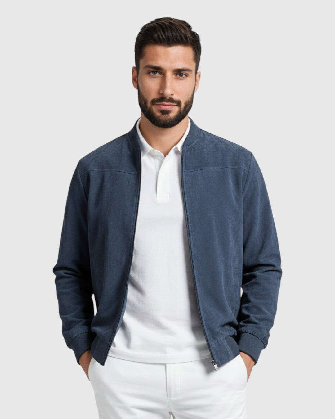 Chaqueta Suede con Cremallera para Hombre – Azul Denim