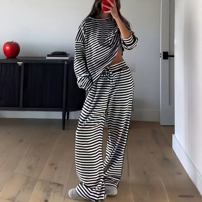 Women's Striped Two-Piece Lounge Set – Long-Sleeve Comfort for Home Relaxation