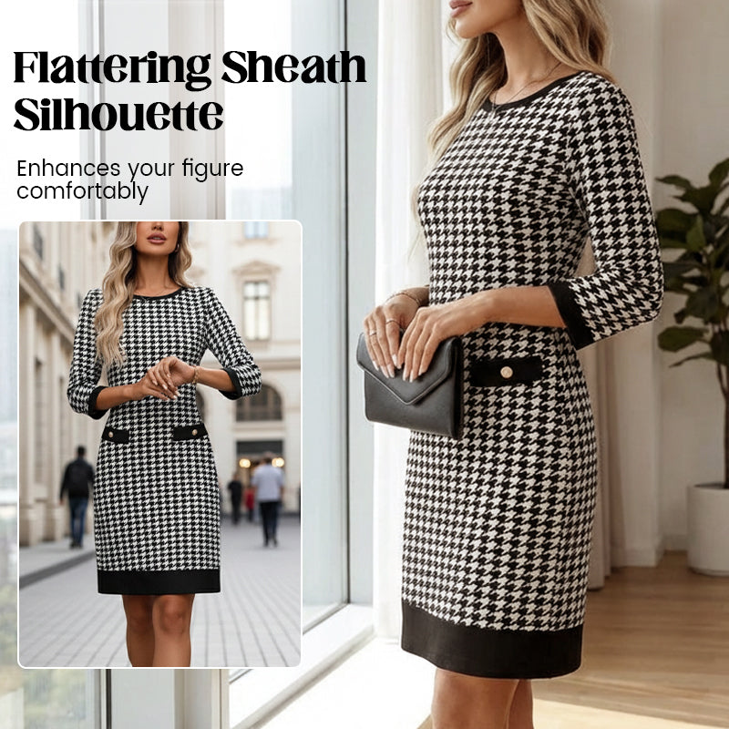 70% OFF Hot Sale: Women's Houndstooth Bodycon Midi Dress with Crew Neck