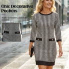 70% OFF Hot Sale: Women's Houndstooth Bodycon Midi Dress with Crew Neck
