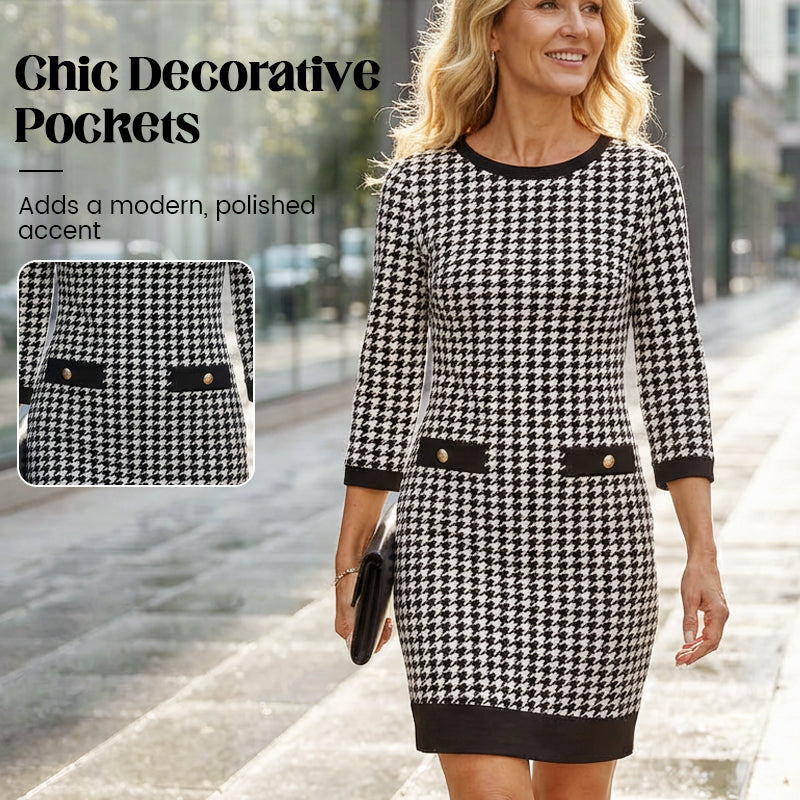70% OFF Hot Sale: Women's Houndstooth Bodycon Midi Dress with Crew Neck
