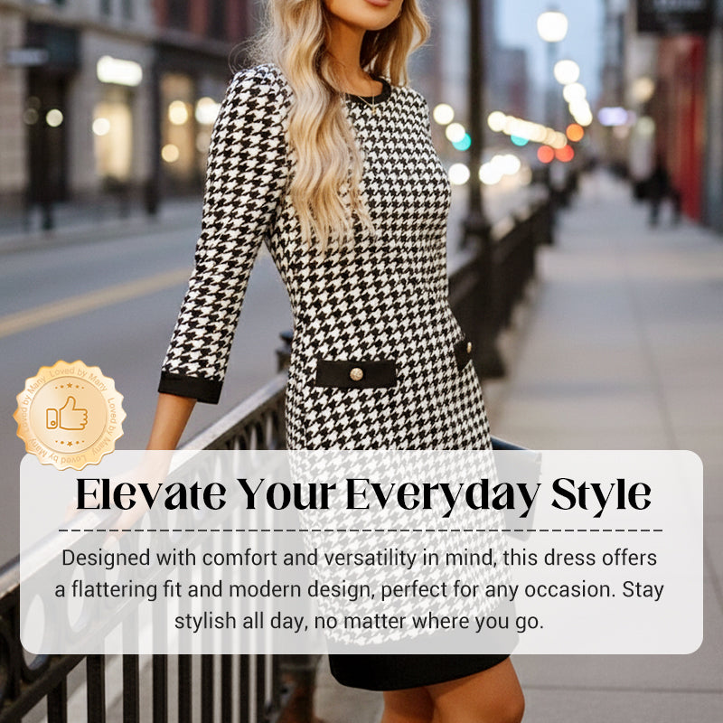 70% OFF Hot Sale: Women's Houndstooth Bodycon Midi Dress with Crew Neck